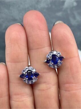 Stunning Natural 1.5CT Blue Sapphire & .56CT Tanzanite Post Earrings 925 SS